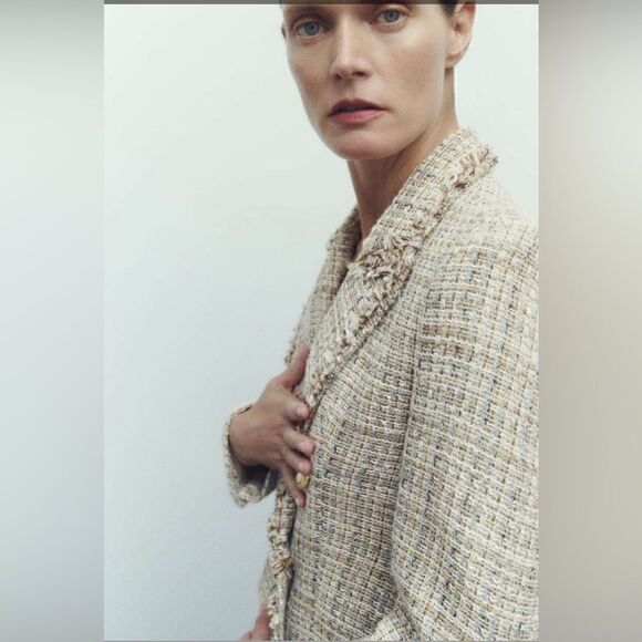 ZARA Double Breasted Tweed Weave Cropped Jacket - Picture 10 of 16